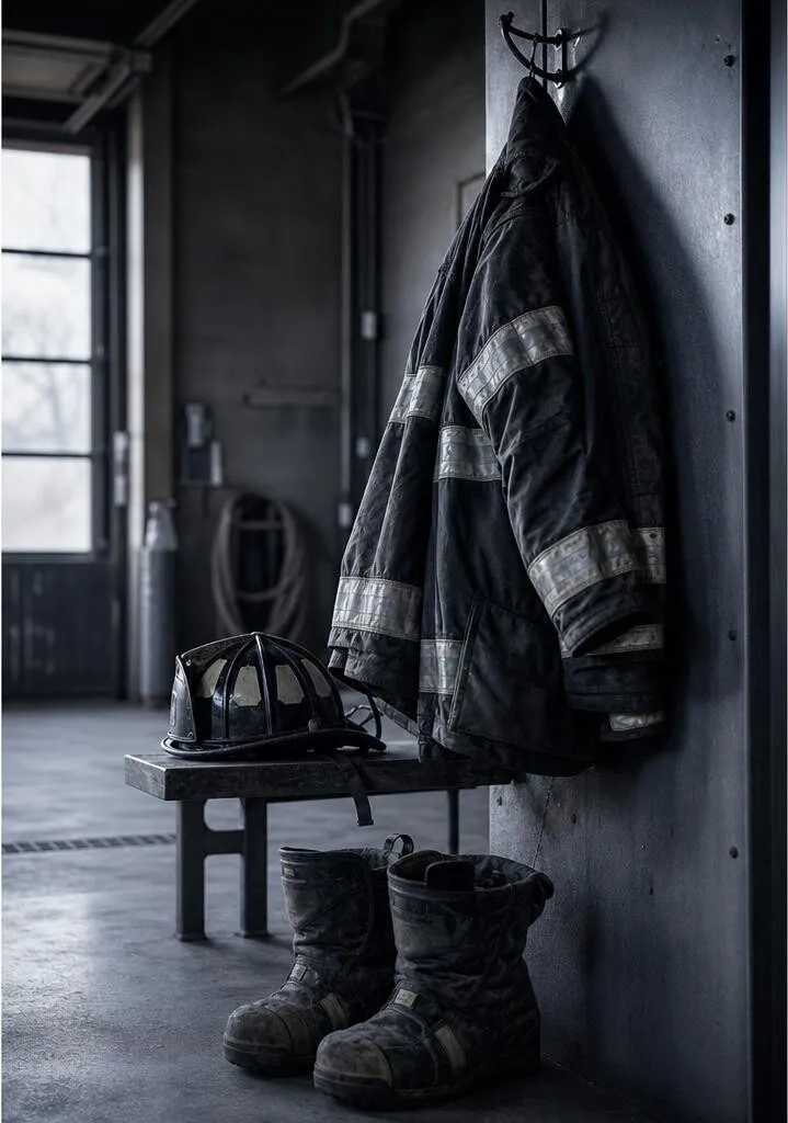 Firefighter turnout gear, helmet and boots in an empty station bay