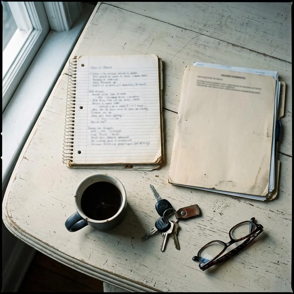 A notebook, file folder, coffee mug, car keys and reading glasses on a table